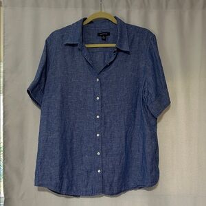Lands' End Chambray Short-Sleeve Button-Front Blouse in Blue